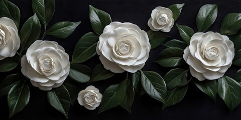 Aufkleber - A set of old white camellia flowers with green leaves against a black paper backdrop.