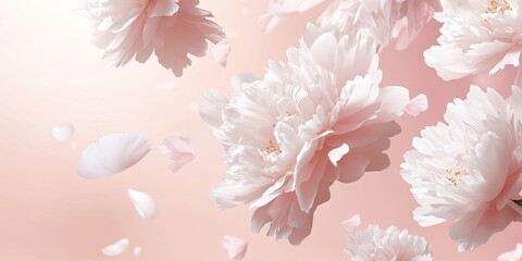 Poster - Beautiful white peony flowers and petals in flight against a light pink pastel background with copy space. A creative floral layout for spring. Spring blossom backdrop.