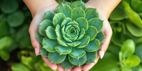 Aufkleber - Female hands holding a flowering green rosette plant, an echeveria succulent. Top view.
