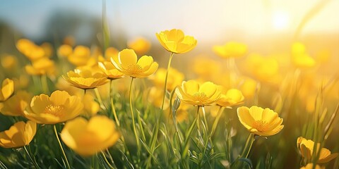 Poster - A field of wild buttercup flowers blooming in the grass on a sunny summer day.