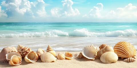 Poster - Summer photo of a beach featuring shells and a seascape. Available space for your decoration.