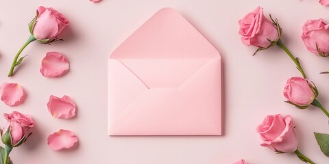 Aufkleber - Empty pink envelope mockup with pink rose buds, festive background, copyspace.