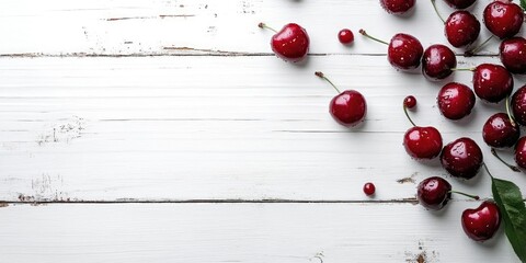Poster - organic cherries on a white wooden table background