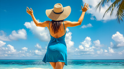 Carefree stylish woman enjoying summer vacation. Tropical beach paradise, island coast shore sunny blue sky, happy mood, tranquil peaceful serene nature. Attractive woman in hat and dress. AI generate