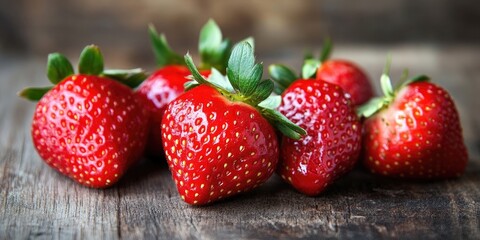 Poster - Closeup of strawberries on a wooden background.