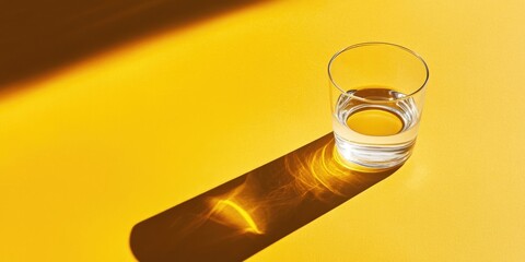 Poster - Long shadows cast by a water glass on a yellow background with copyspace. Top view.