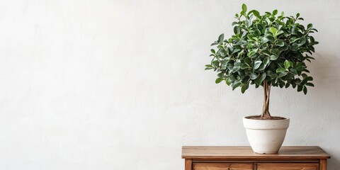 Aufkleber - Potted ficus on a chest of drawers by a white wall, with space for text. A lovely houseplant.