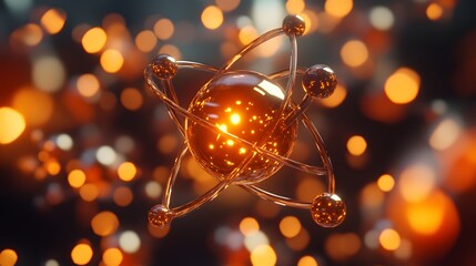 Glowing Atomic Model with Orange Bokeh Background