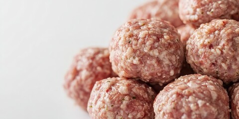 Poster - A close-up of a pile of raw pork cutlets, with space available for text. Raw meatballs for grilling or burgers on a white background, copy space. Ground pork.