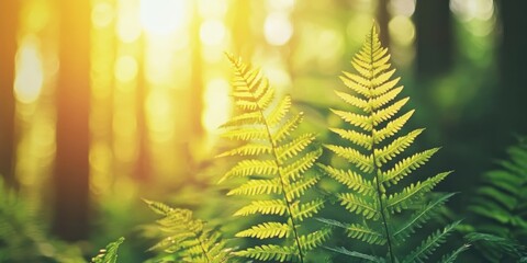 Poster - Fern leaves illuminated by sunlight in the forest.