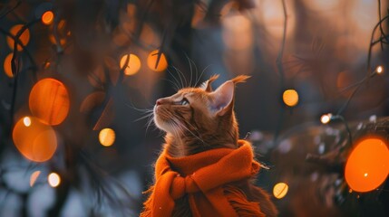 Canvas Print - A cat in a scarf looks up at the lights. AI.