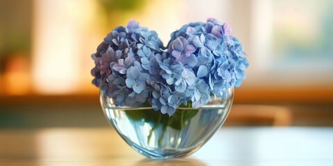 Aufkleber - Heart-shaped hydrangea flower in a glass vase on a table.
