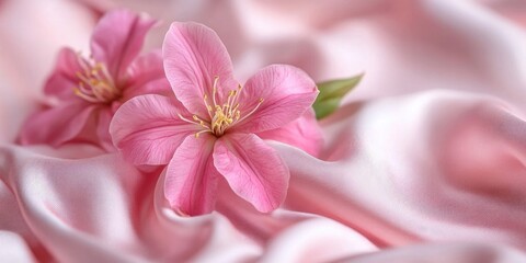 Sticker - Spring pink flowers on a fabric background, with selective focus.