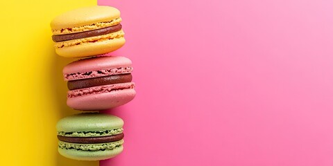 Poster - Bright, colorful (yellow, pink, green, brown) assorted flavor macarons, sweet cookies, on a vibrant pink and yellow background. A stack of small French macaron cakes, with copyspace flatlay.