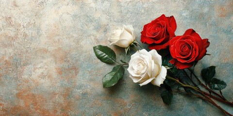 Aufkleber - Red and white roses on a sandy textured background.