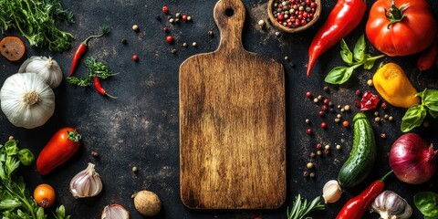 Poster - An empty wooden cutting board, fresh vegetables, and spices are arranged on a dark rustic background. Culinary backdrop. Top view, flat lay, copyspace.
