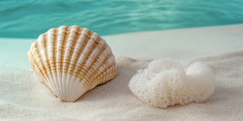 Aufkleber - Seashell on ocean sand alongside a White Sea Sponge. Natural seaside backdrop for a relaxing vacation theme. Copyspace.