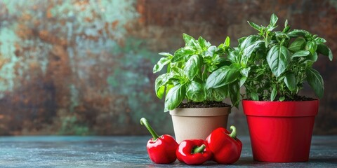 Aufkleber - Decorative pepper and basil in pots. Indoor plant. Compact home garden. Copy space.