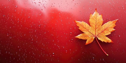 Fototapete - autumn maple leaf on a glass surface with raindrops on a red background. banner