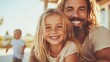 ©  Shomixer - A father and daughter, both radiating joy, are closely positioned in the foreground against a backdrop of blue sky and a sibling playing distantly.