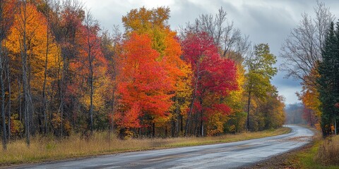Poster - The trees along the roadside displaying autumn colors.