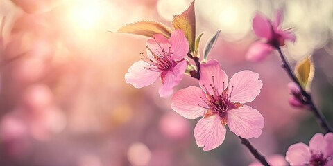 Poster - Blooming pink cherry blossoms in the garden.