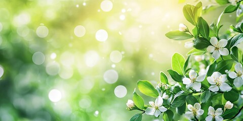 Poster - Beautiful nature, out-of-focus bokeh of green leaves and white flowers, texture. Natural spring background with copyspace for design. Flat lay. Trend.