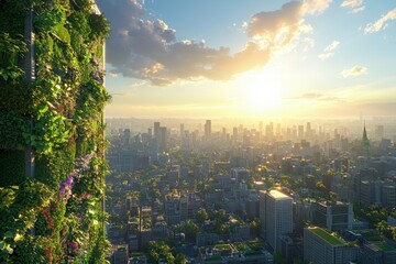 A vibrant cityscape at sunset featuring a vertical garden on a skyscraper showcasing the blend of nature and urban architecture