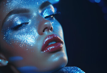 Fashion editorial Concept. Stunning beautiful woman high fashion striking shiny blue glitter shimmer sparkle makeup. illuminated with dynamic composition and dramatic lighting 