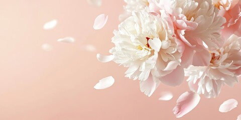 Poster - Beautiful white peony flowers and petals in flight against a light pink pastel background with copy space. A creative floral layout for spring. Spring blossom backdrop.