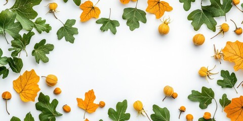 Poster - Round frame of green oak leaves, yellow dry maple leaves, and physalis bolls set against a white background. Minimalistic autumn theme. Flat lay. Top view. Copy space.