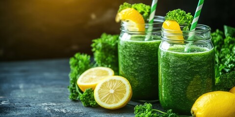 Aufkleber - Smoothies, a blend of lemon, delicious and nutritious beverage, green drink, copy space, idea, diet, detox, wellness.