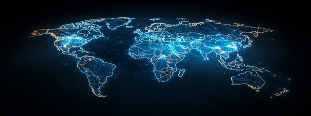 Fototapete - An abstract digital map of the world, a concept of the global network and connectivity on the planet, a concept of cyber technology and data transfer, a concept of information exchange and