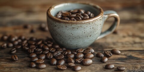 Leinwandbilder - vintage coffee cup with roasted beans on a wooden surface