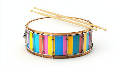 Bright drum set apart on white with sticks