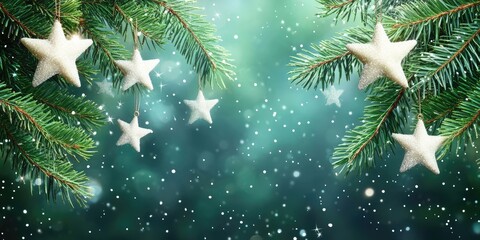 Aufkleber - Beautiful Christmas background: white stars on pine branches