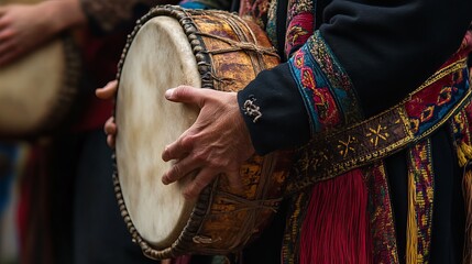 An image of a musician holding a traditional bass drum from Galicia