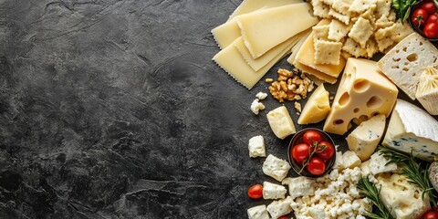 Aufkleber - Cheese variety for snacking. Top view. Ample copy space.