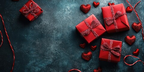 Aufkleber - Top view of a vibrant Valentine background featuring gift boxes and red fabric hearts. Valentine's Day theme with copyspace.