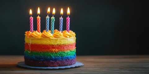 A rainbow birthday cake with candles lit, ready to be blown out.