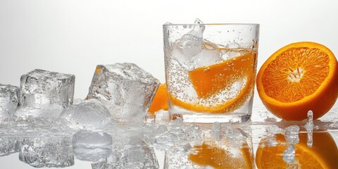 Poster - Ice cubes, a beverage, and an orange on a white background.