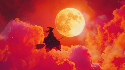 A silhouetted witch flies on a broomstick through the clouds with a bright yellow moon in the background.