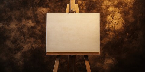 Aufkleber - Wooden easel holding a blank canvas against a brown background. Room for text.