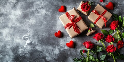 Poster - Valentine's Day flat lay arrangement with gifts and rose buds on a grey background. Flat lay, top view, copy space.