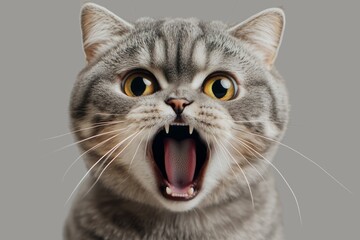 Wall Mural - Angry and surprised cat isolated on white background with a funny and excited expression. 