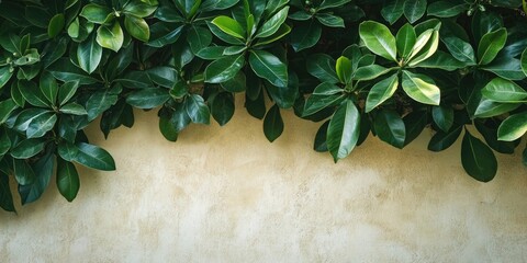 Poster - Octopustree (Umbrella tree) green leaves adorn the garden by the wall background.