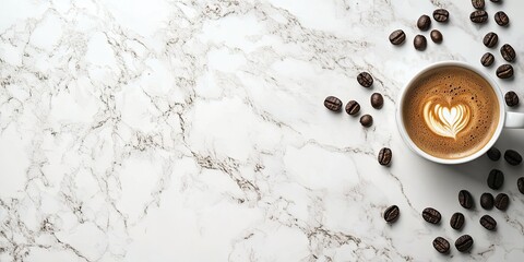 Poster - A cup of coffee alongside coffee beans on a white marble background. Top view with copyspace for your text.