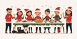 © Georgii - illustration of a joyful family celebrating Christmas around a festive dining table with decorations and food
