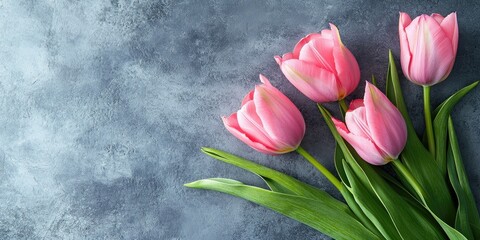 Aufkleber - Background for Valentine's Day or a wedding. Pink tulips against a gray stone background. Flat lay. Top view with copy space.