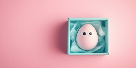 Canvas Print - Egg with eyes isolated in a blue gift box. Creative design for Easter, holidays, and food. Copy space. Pink background.